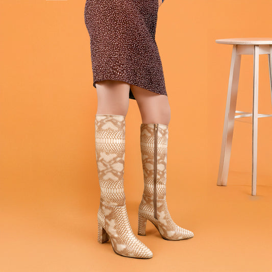 Women's Luxe Faux Snake Knee-High Boots – Black Gloss Finish