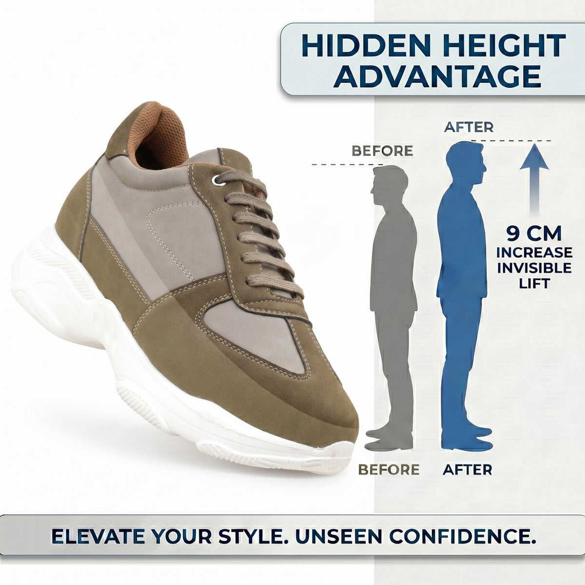 BXXY Mens Height Increasing Sports Shoes 9 CM Invisible Elevation