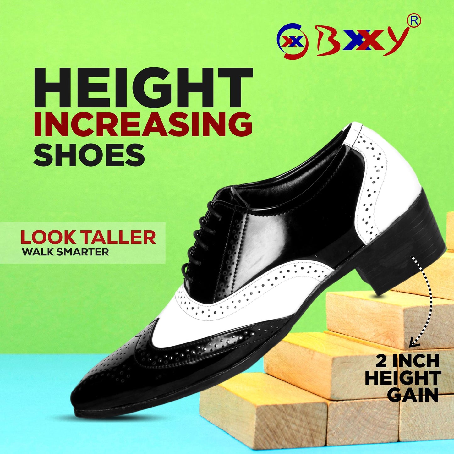 Men's Height Increasing Black and White Faux Height Increasing Mafia Oxford Brouge Lace-Up Shoes