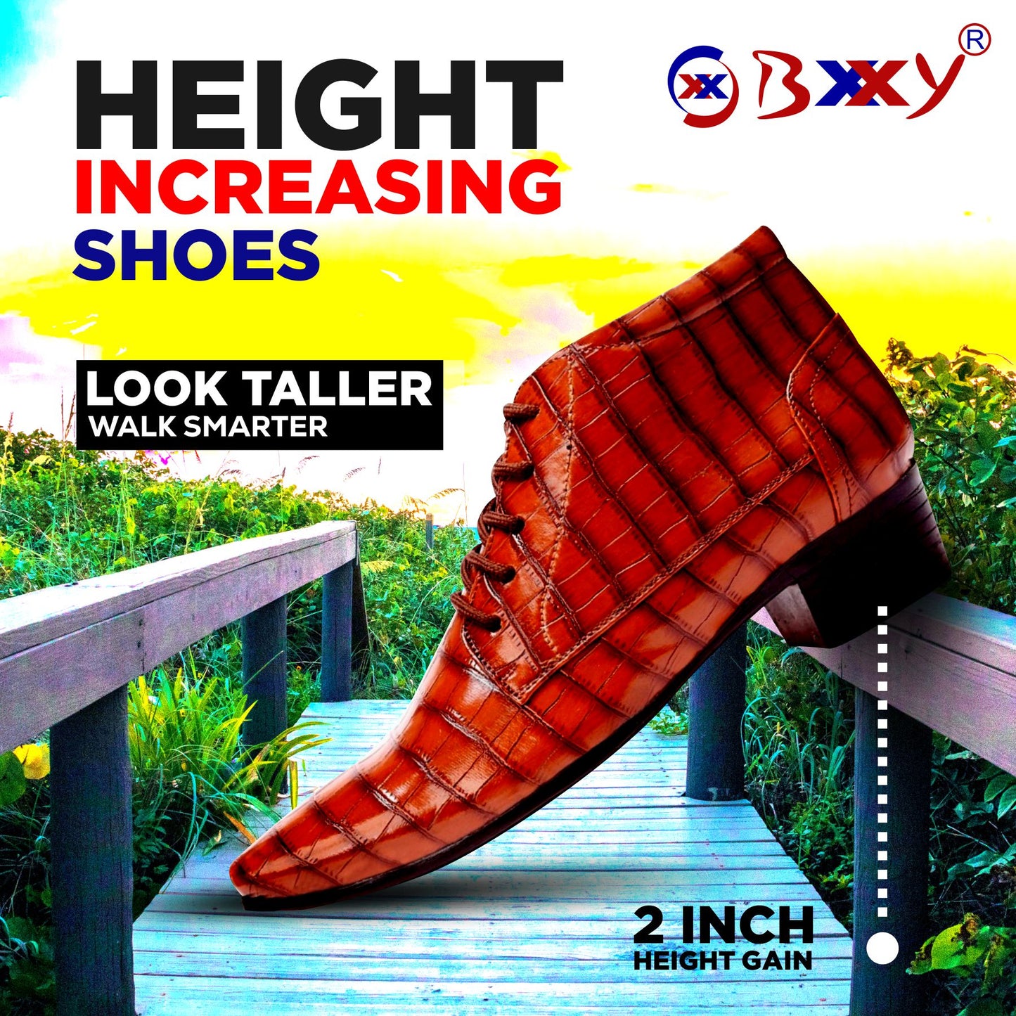 BXXY Men Height Increasing Faux Leather Material Formal Crocodile Style Lace-Up Boots on Cuban Sole