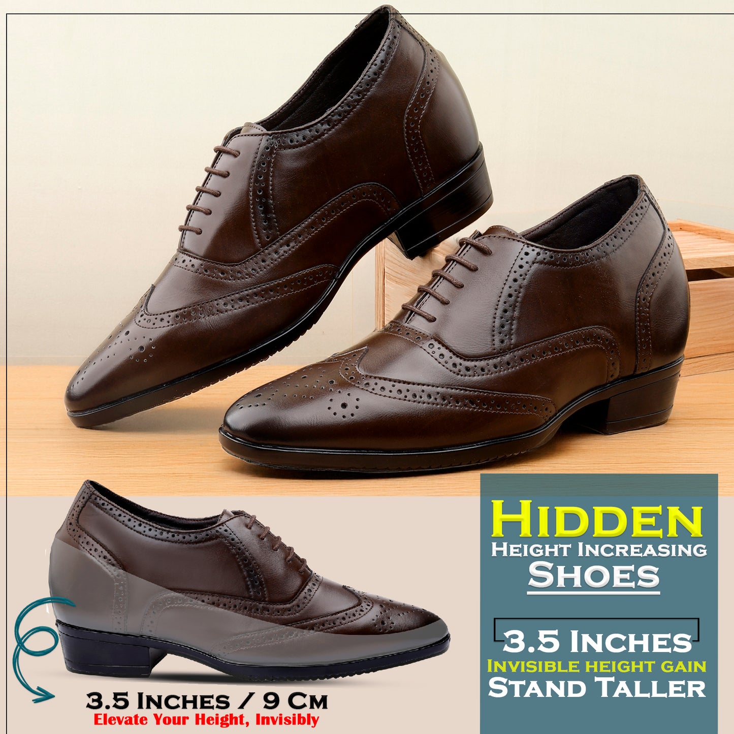 BXXY 3.5 Inches Height Increasing Formal Lace-up Brogue Shoes For Men