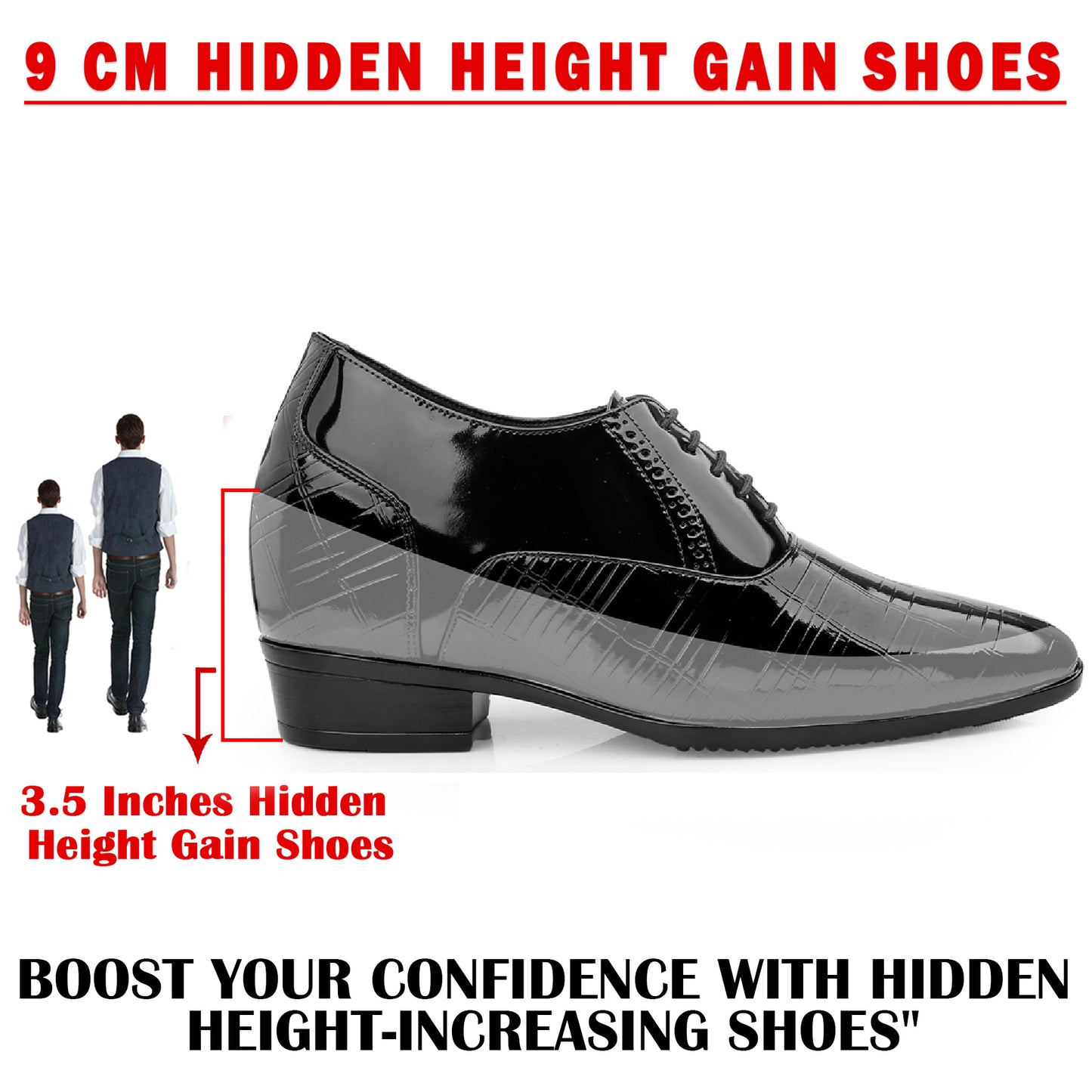 3.5” Elevator Shoes for Men – Glossy Black, Hidden Heel for Height Boost