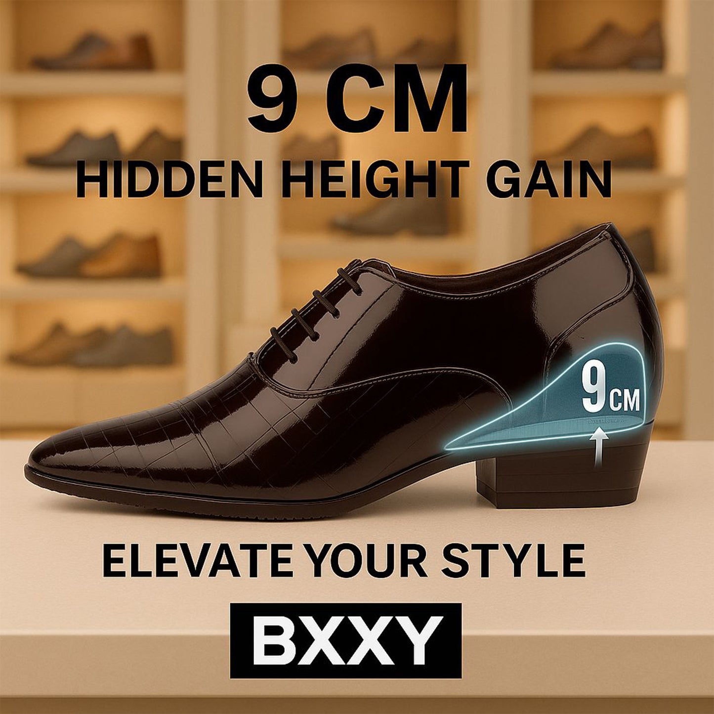 Shiny Black Elevator Shoes – 3.5” Boost for Smarter Look