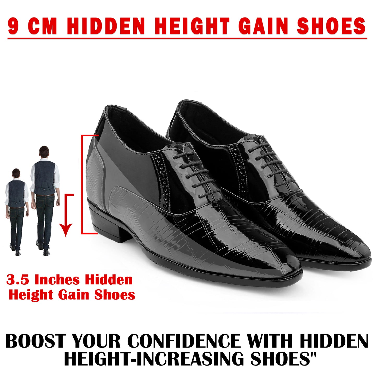 3.5” Elevator Shoes for Men – Glossy Black, Hidden Heel for Height Boost