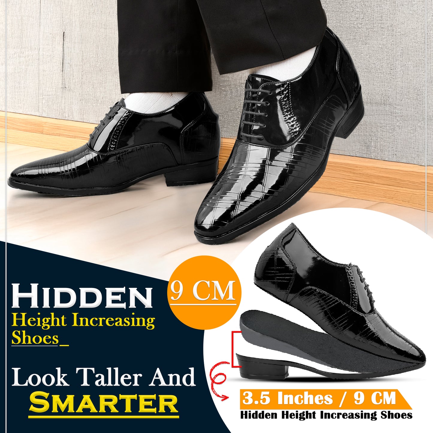 3.5” Elevator Shoes for Men – Glossy Black, Hidden Heel for Height Boost