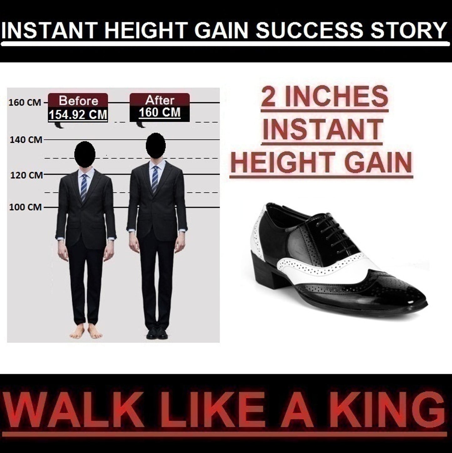 Men's Height Increasing Black and White Faux Height Increasing Mafia Oxford Brouge Lace-Up Shoes