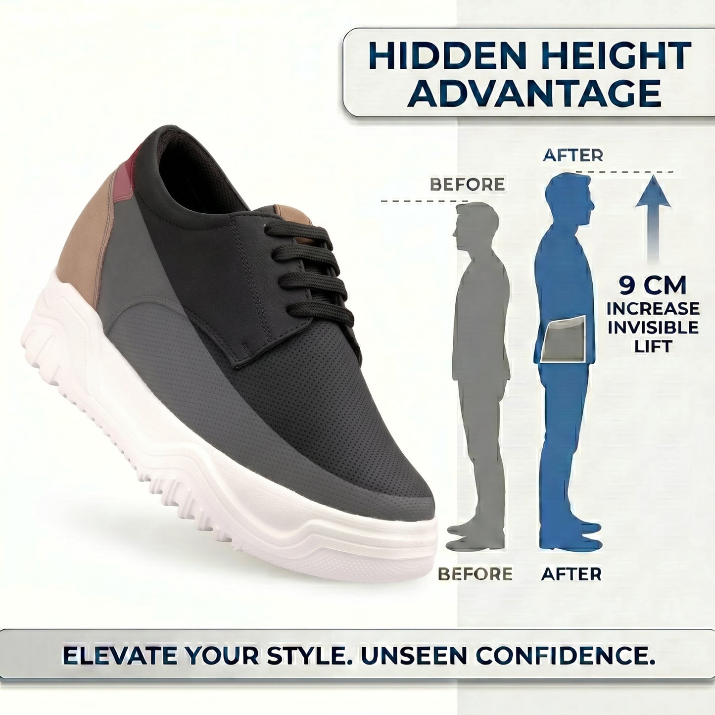 BXXY Mens Invisible 9 CM Elevator Shoes with Lightweight Sole