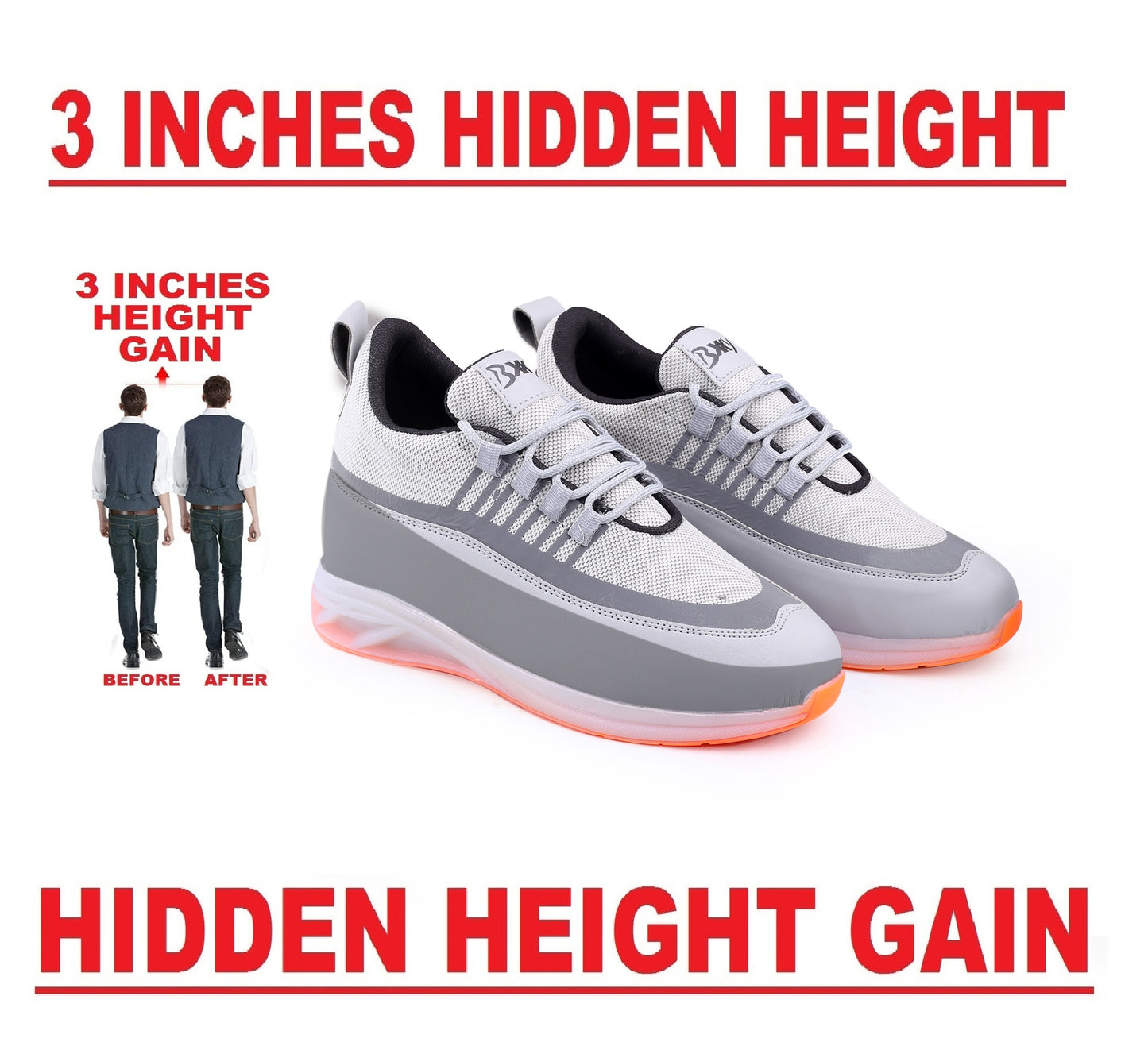 BXXY Men's 3 Inch Hidden Height Increasing Casual Sports Lace-Up Shoes with Airmix Sole.