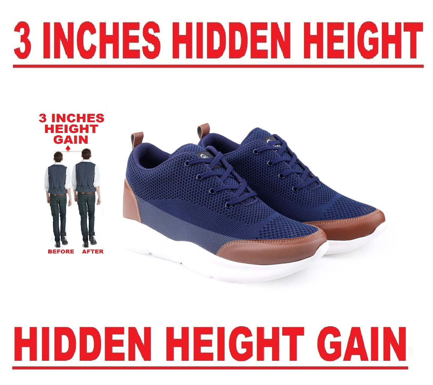 BXXY Men's 3 Inch Hidden Height Increasing Stylish Casual Sports Lace-Up Shoes with Eva Sole.
