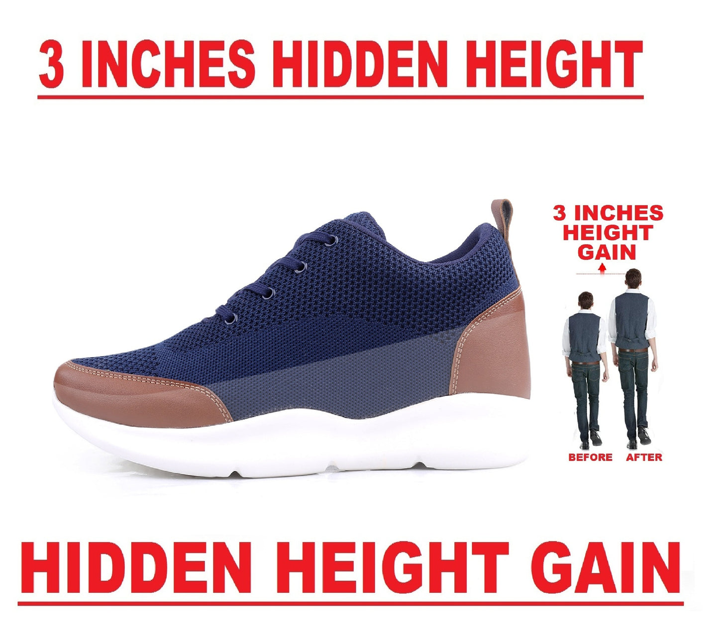 BXXY Men's 3 Inch Hidden Height Increasing Stylish Casual Sports Lace-Up Shoes with Eva Sole.