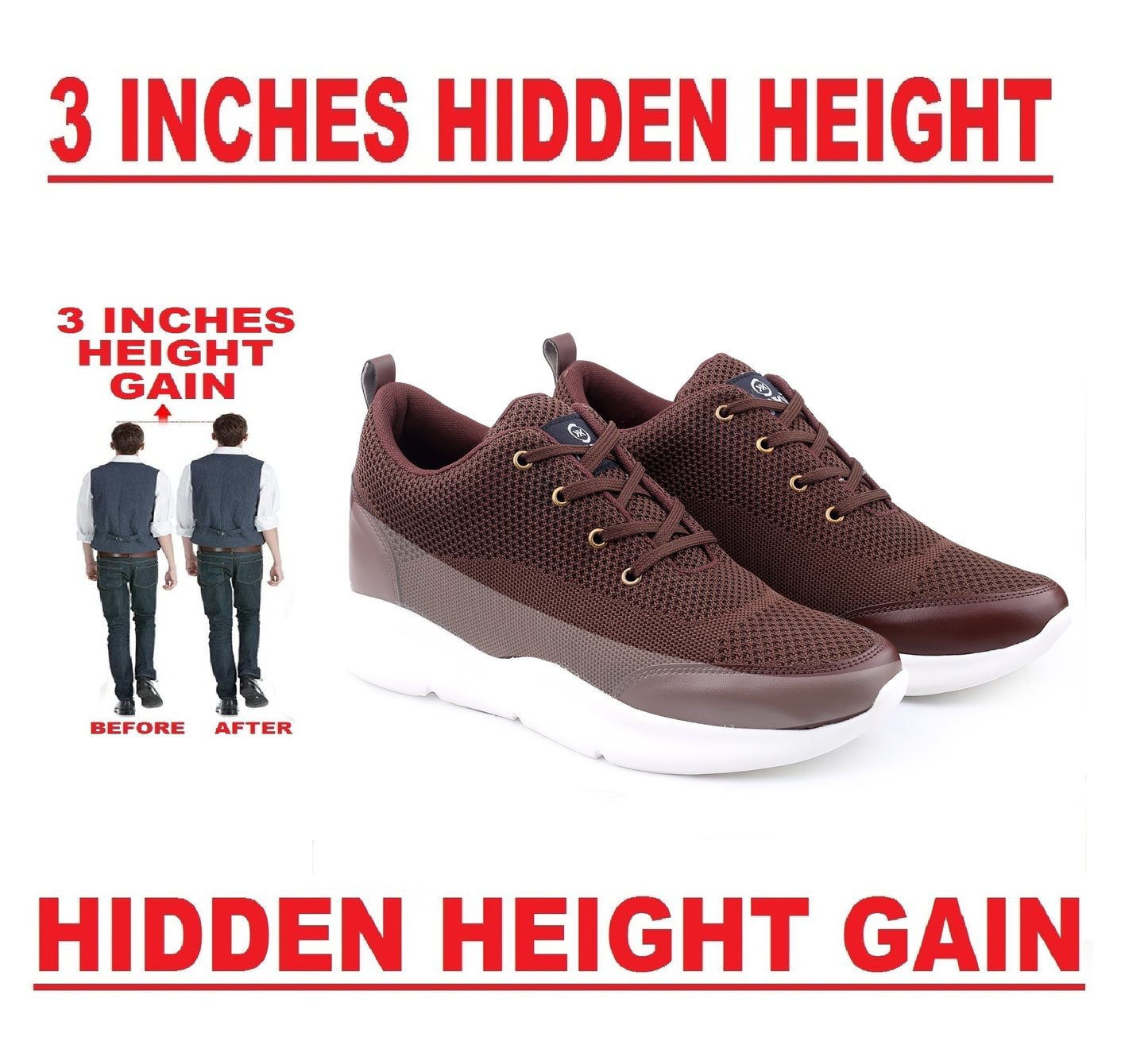 BXXY Men's 3 Inch Hidden Height Increasing Stylish Casual Sports Lace-Up Shoes with Eva Sole.
