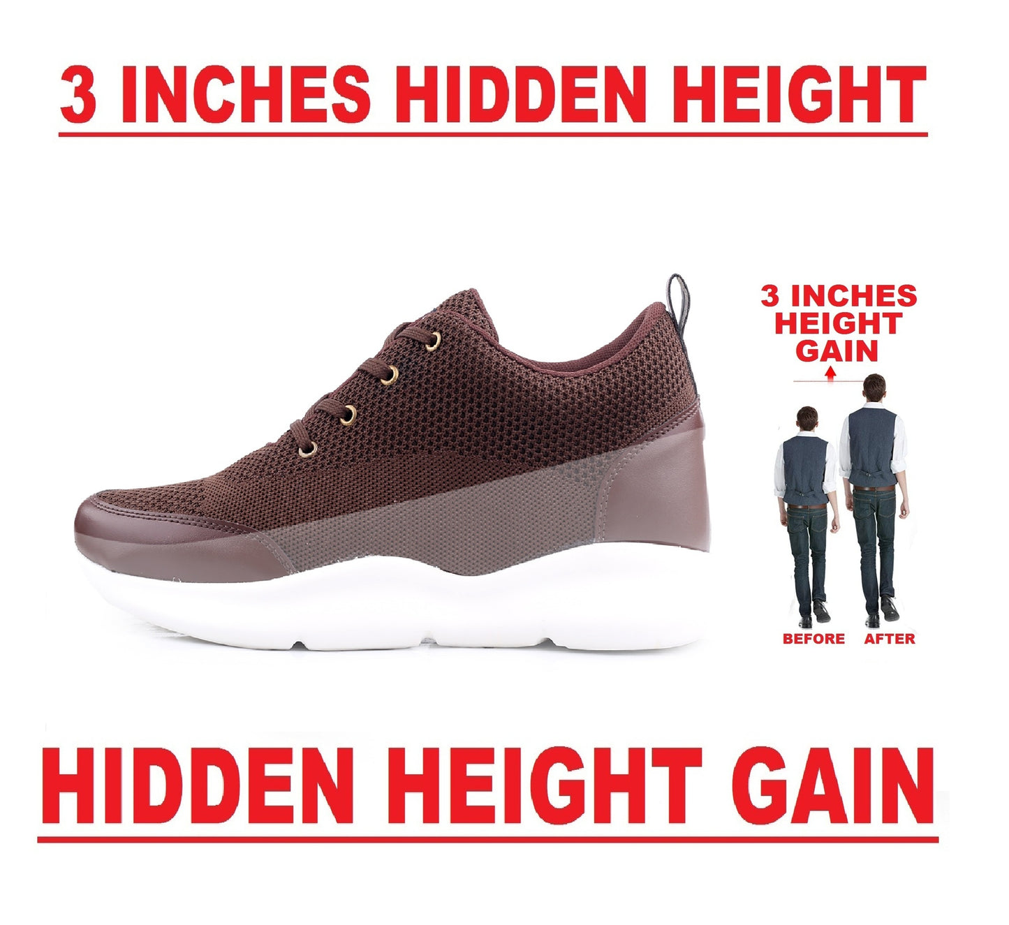 BXXY Men's 3 Inch Hidden Height Increasing Stylish Casual Sports Lace-Up Shoes with Eva Sole.