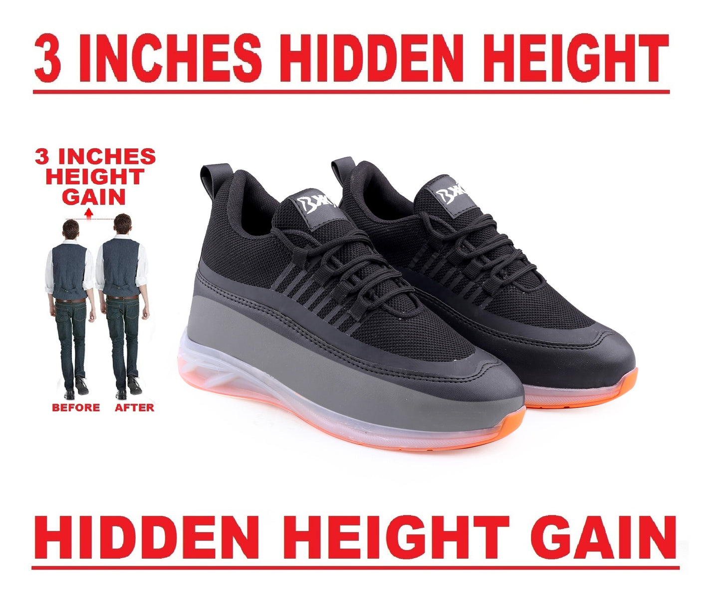 BXXY Men's 3 Inch Hidden Height Increasing Casual Sports Lace-Up Shoes with Airmix Sole.