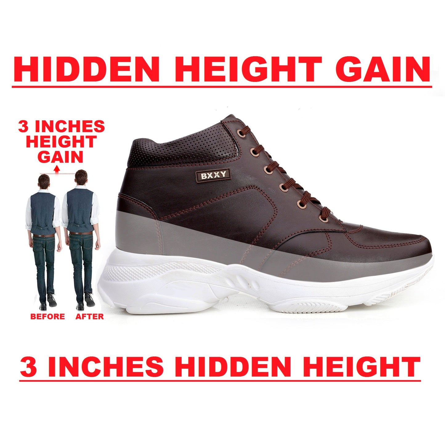 Bxxy's 3 Inch Hidden Height Increasing Elevator Lace-up Boots for Men