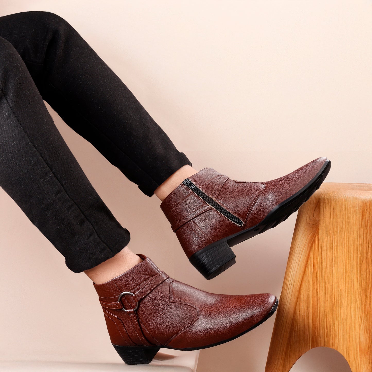 BXXY 2 Inch Height Increasing Office Wear Zipper and Buckle Boots