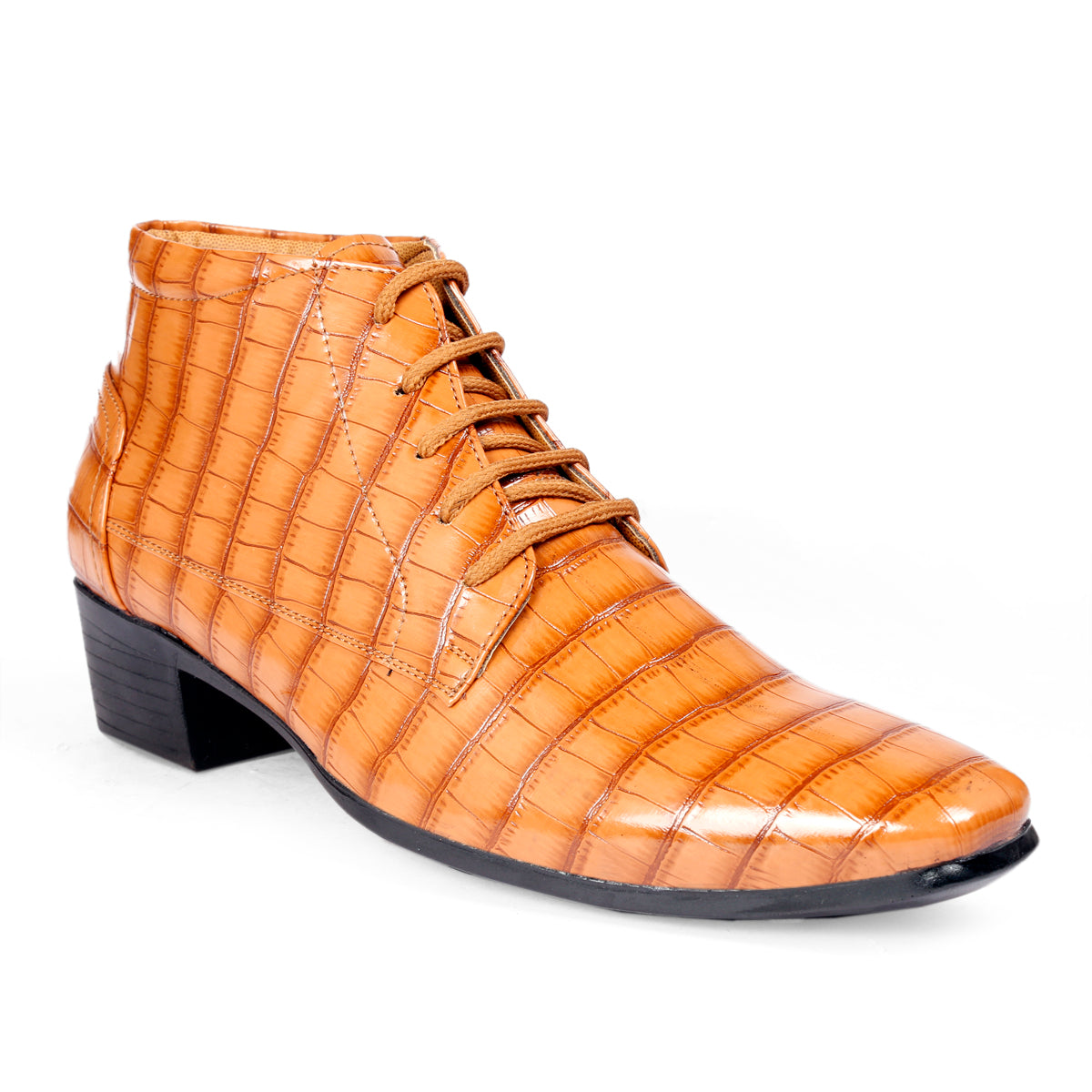 BXXY Men Height Increasing Faux Leather Material Formal Crocodile Style Lace-Up Boots on Cuban Sole