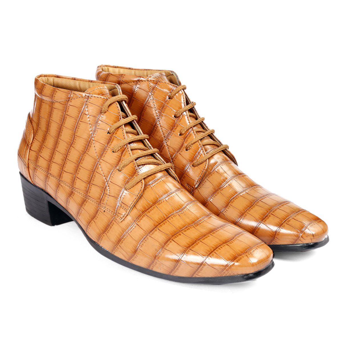 BXXY Men Height Increasing Faux Leather Material Formal Crocodile Style Lace-Up Boots on Cuban Sole