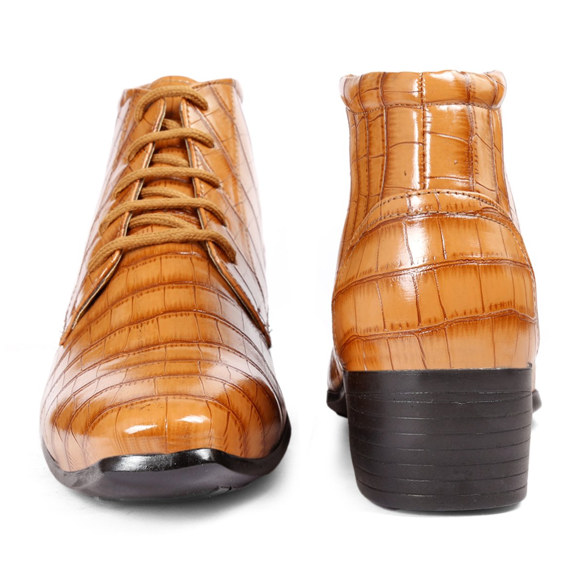BXXY Men Height Increasing Faux Leather Material Formal Crocodile Style Lace-Up Boots on Cuban Sole