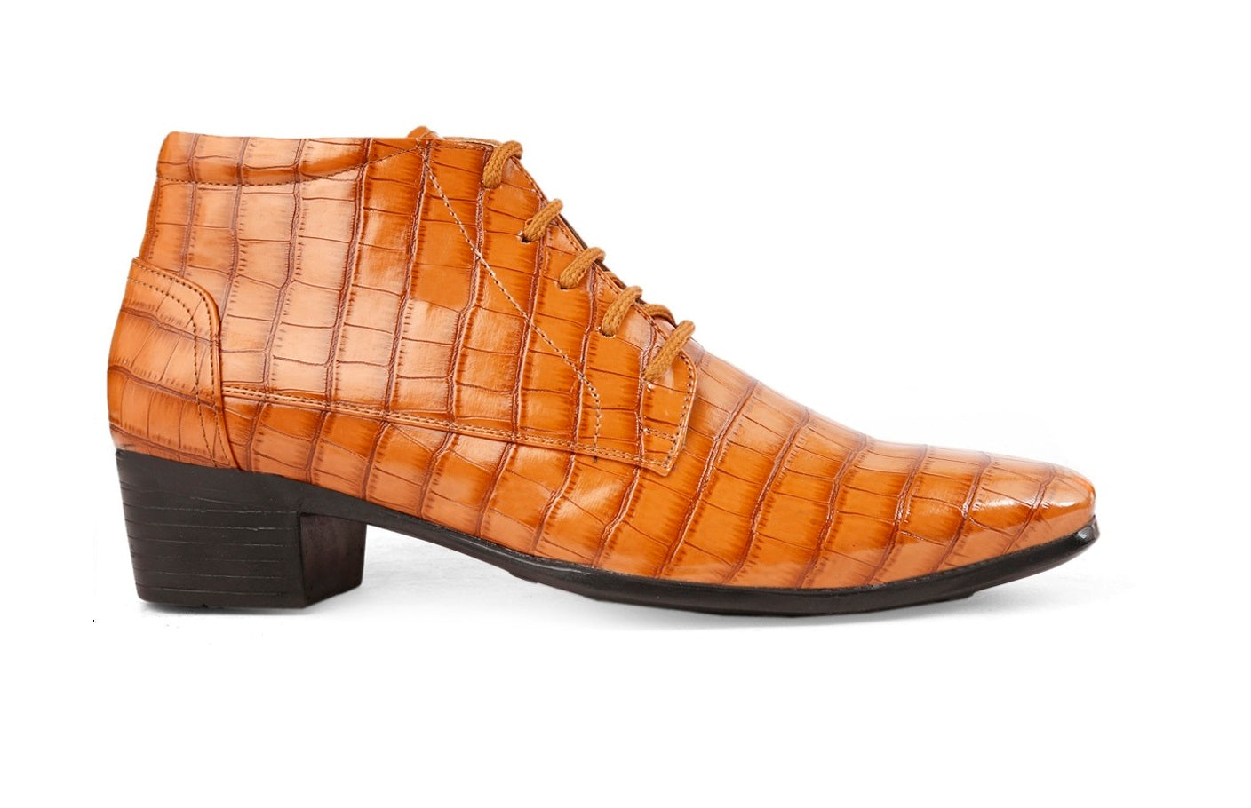 BXXY Men Height Increasing Faux Leather Material Formal Crocodile Style Lace-Up Boots on Cuban Sole