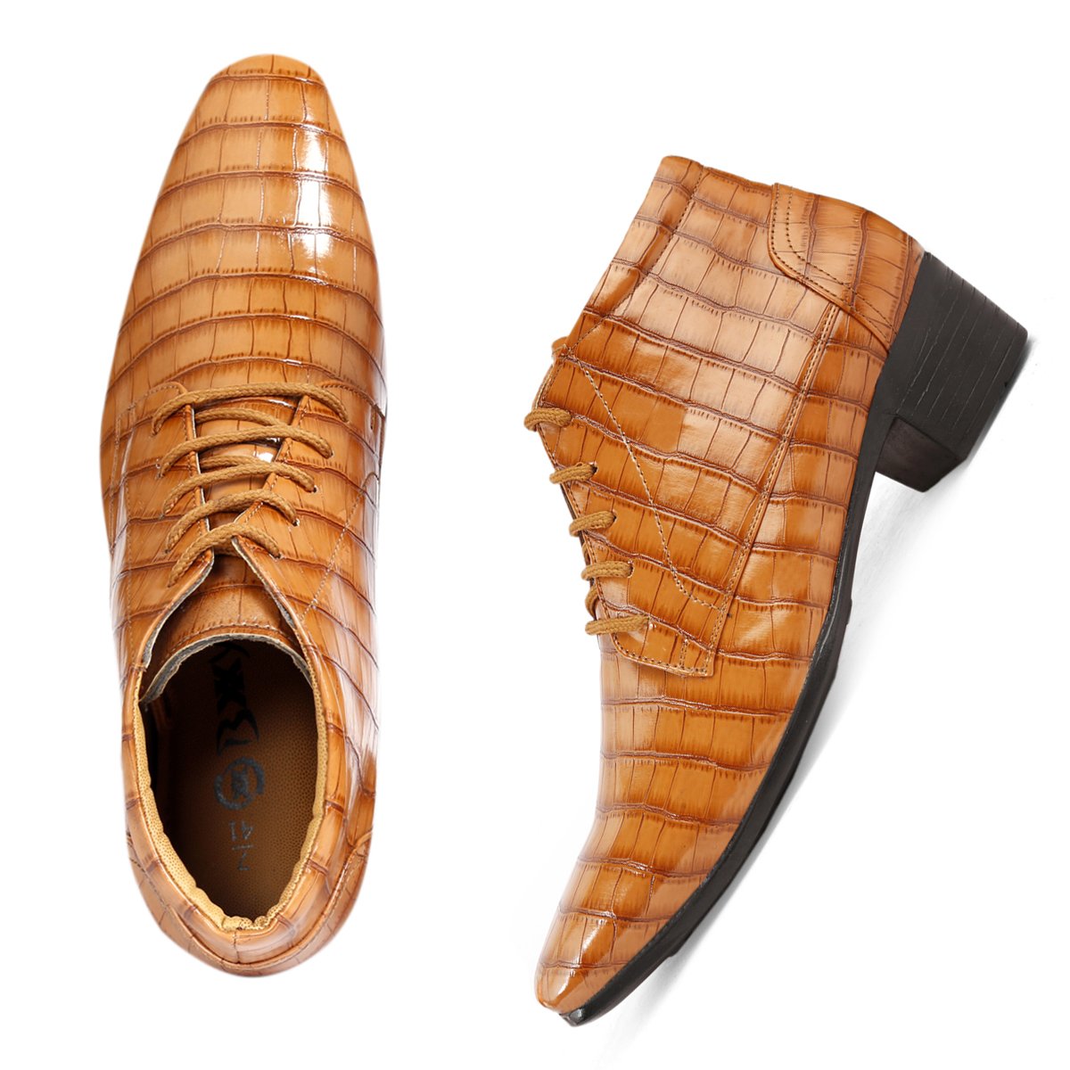 BXXY Men Height Increasing Faux Leather Material Formal Crocodile Style Lace-Up Boots on Cuban Sole