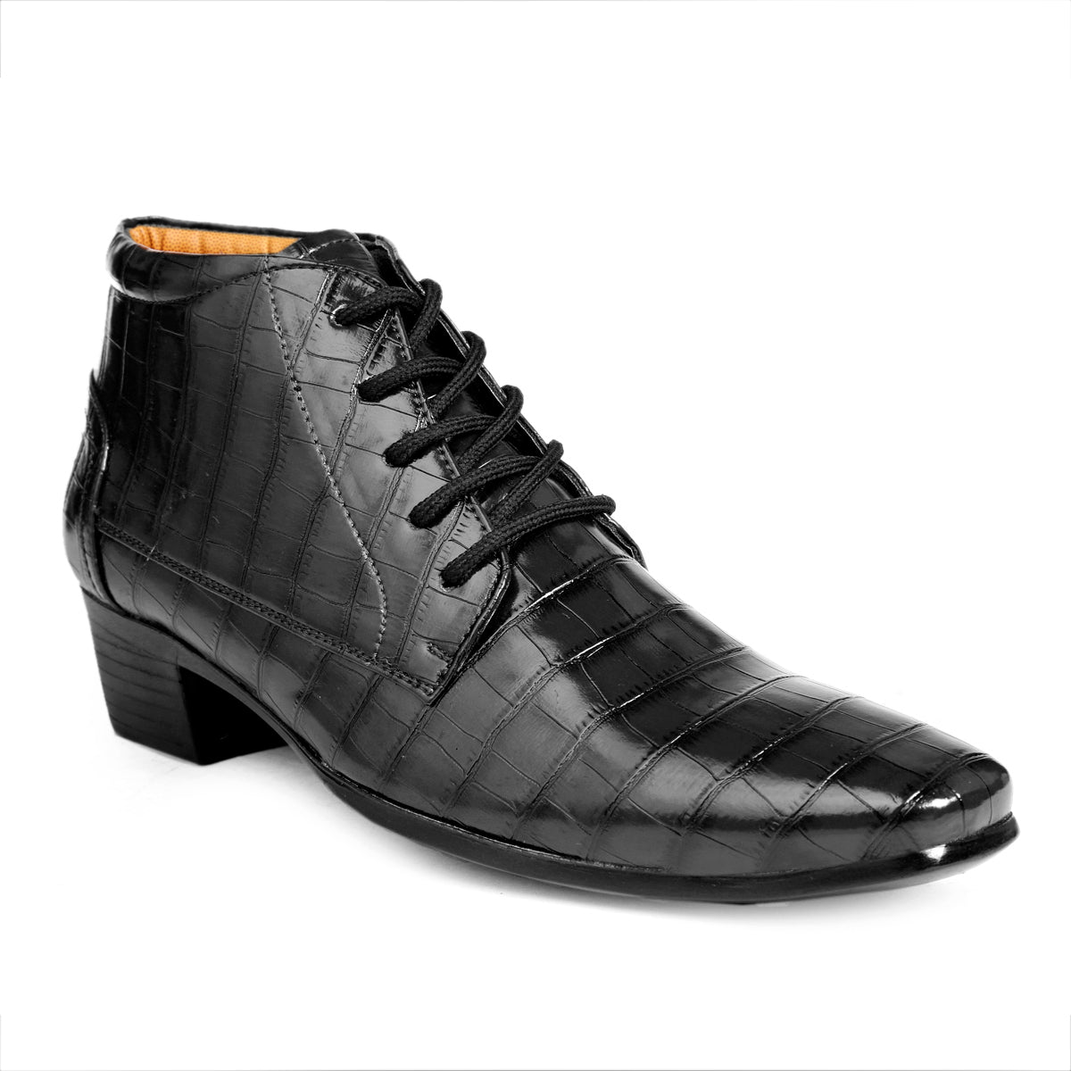 BXXY Men Height Increasing Faux Leather Material Formal Crocodile Style Lace-Up Boots on Cuban Sole