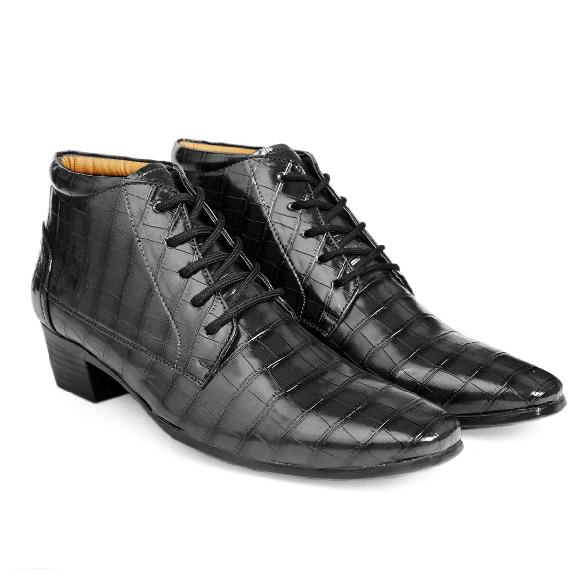 BXXY Men Height Increasing Faux Leather Material Formal Crocodile Style Lace-Up Boots on Cuban Sole