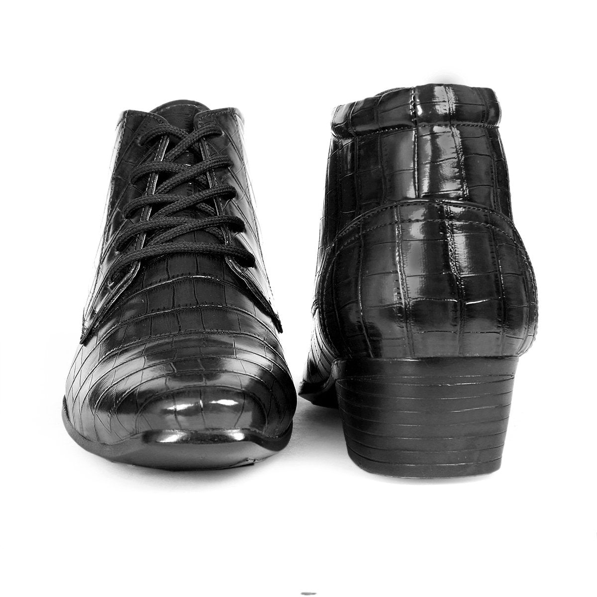 BXXY Men Height Increasing Faux Leather Material Formal Crocodile Style Lace-Up Boots on Cuban Sole