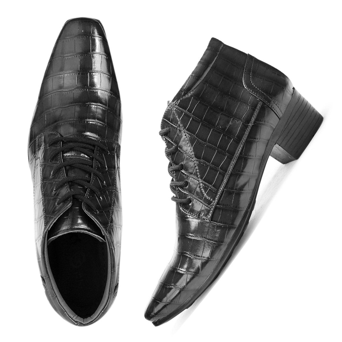 BXXY Men Height Increasing Faux Leather Material Formal Crocodile Style Lace-Up Boots on Cuban Sole