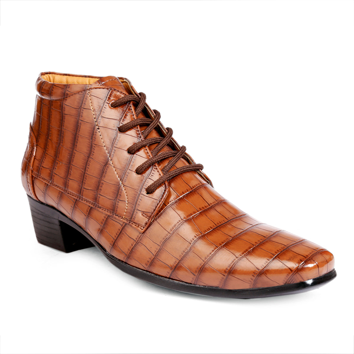 BXXY Men Height Increasing Faux Leather Material Formal Crocodile Style Lace-Up Boots on Cuban Sole
