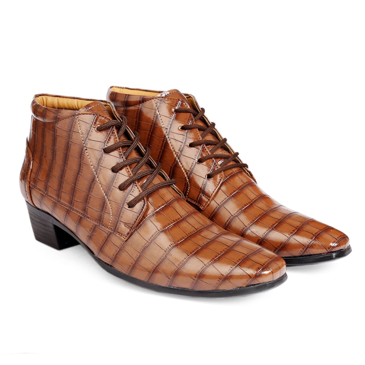 BXXY Men Height Increasing Faux Leather Material Formal Crocodile Style Lace-Up Boots on Cuban Sole