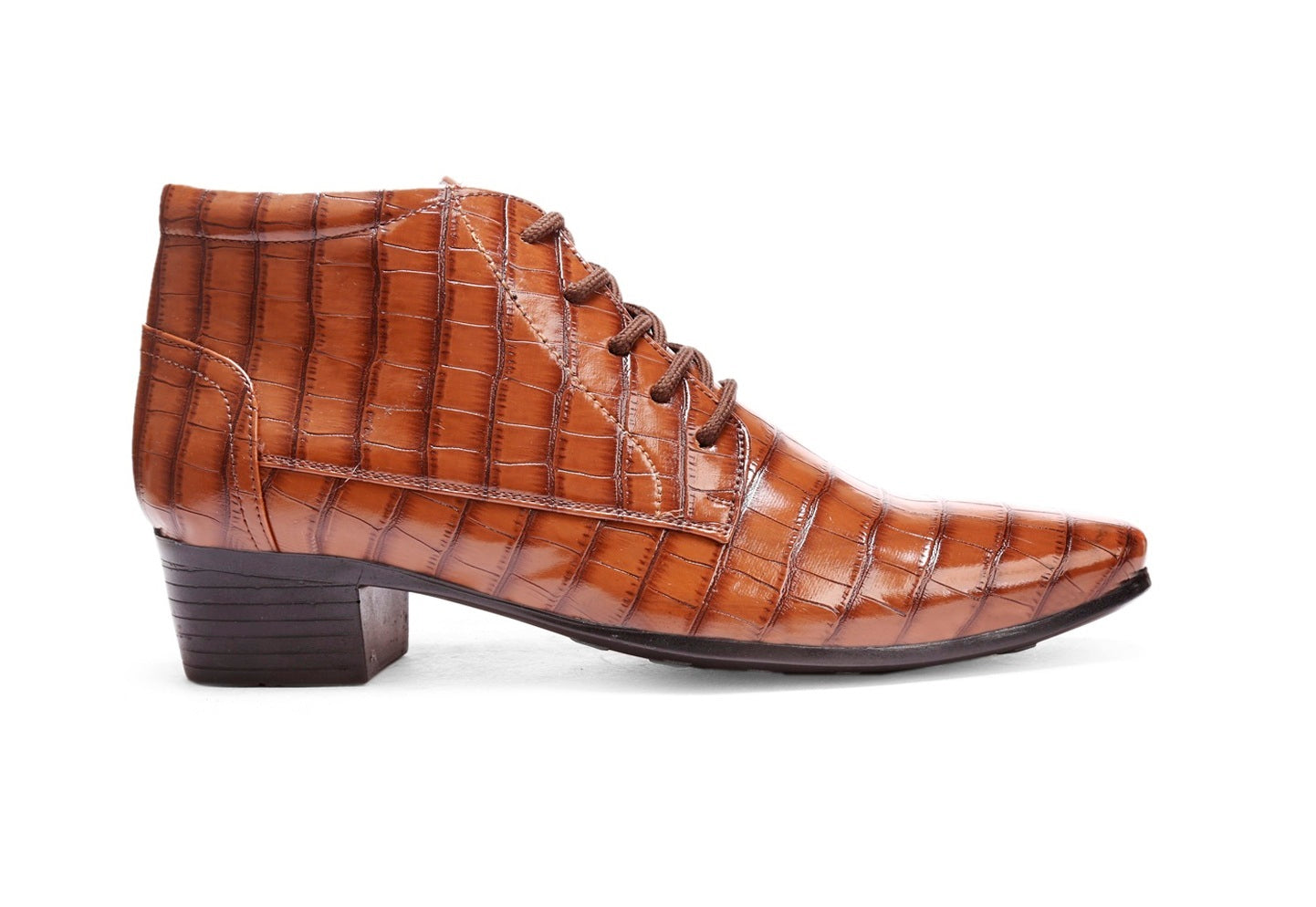 BXXY Men Height Increasing Faux Leather Material Formal Crocodile Style Lace-Up Boots on Cuban Sole