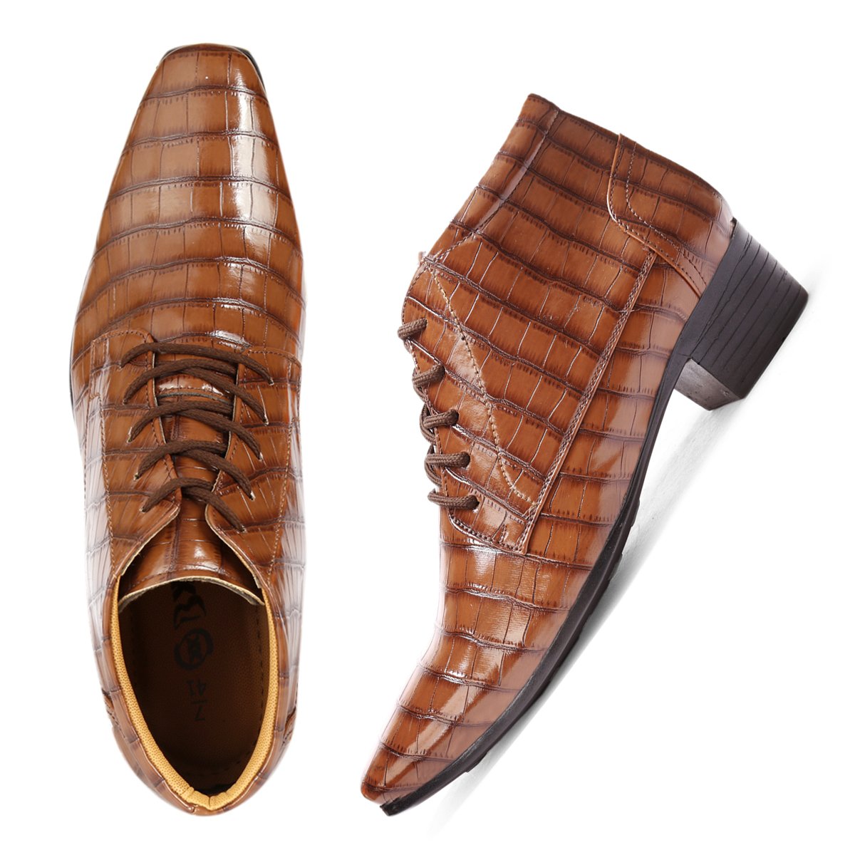 BXXY Men Height Increasing Faux Leather Material Formal Crocodile Style Lace-Up Boots on Cuban Sole