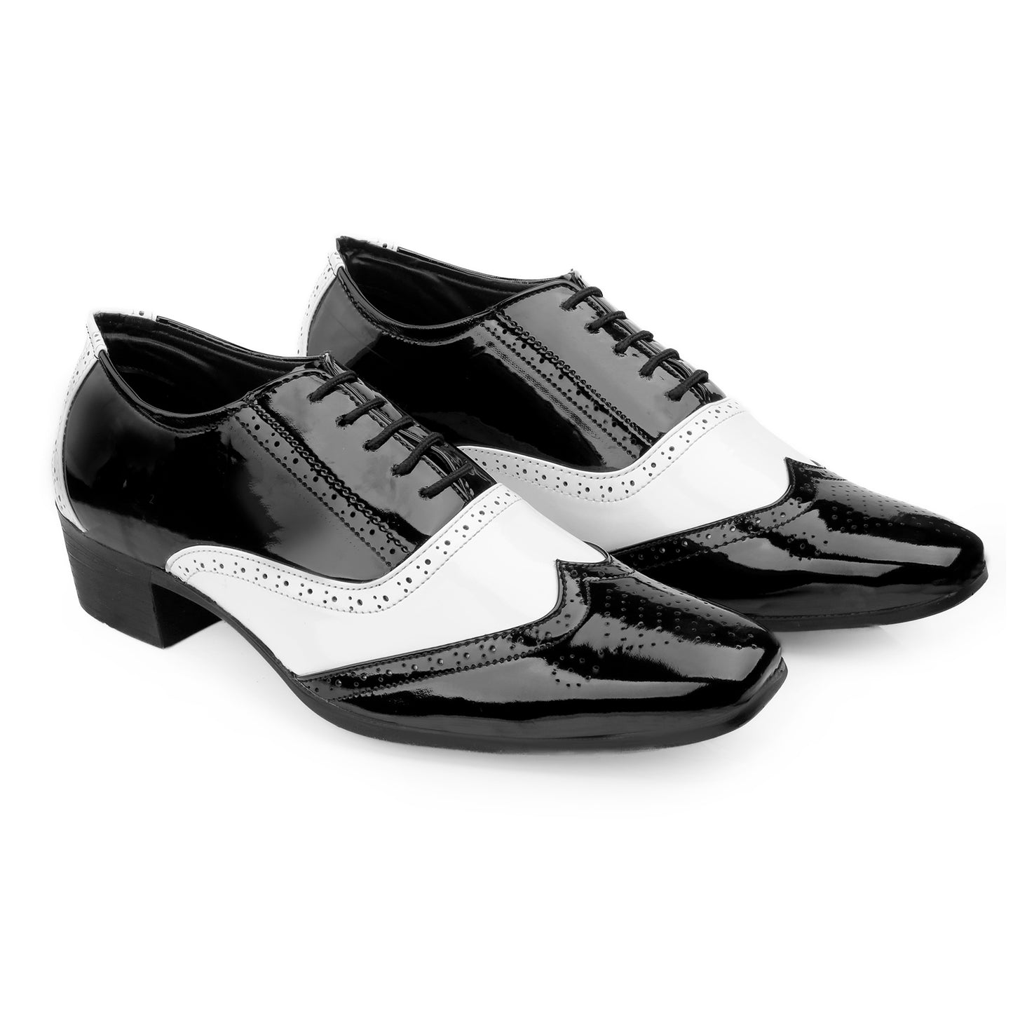 Men's Height Increasing Black and White Faux Leather Mafia Oxford Brogue Lace-Up Shoes