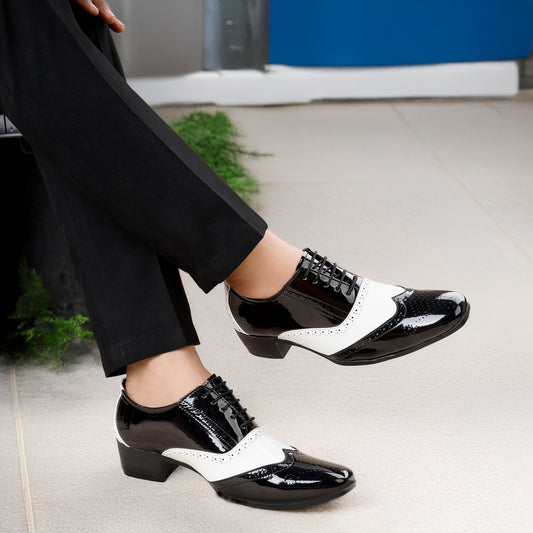 Men's Height Increasing Black and White Faux Leather Mafia Oxford Brogue Lace-Up Shoes