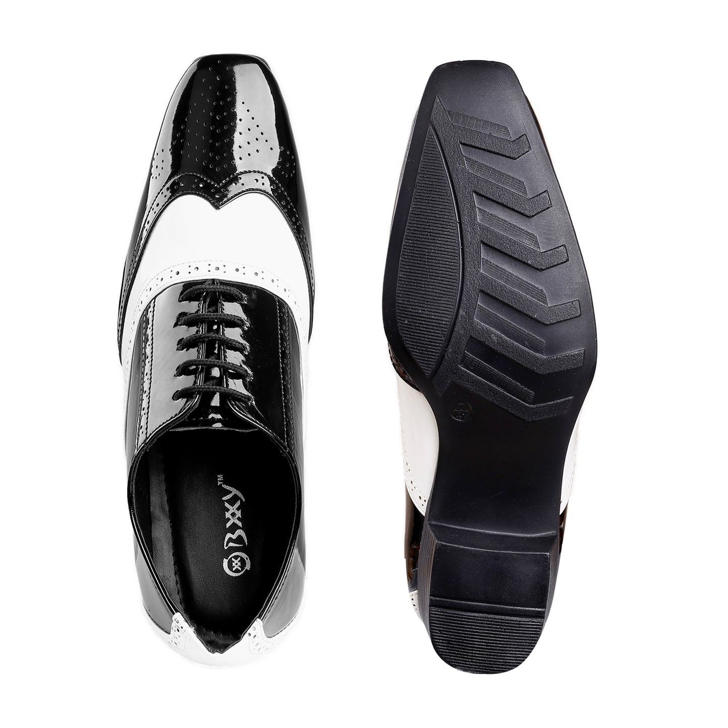 Men's Height Increasing Black and White Faux Leather Mafia Oxford Brogue Lace-Up Shoes