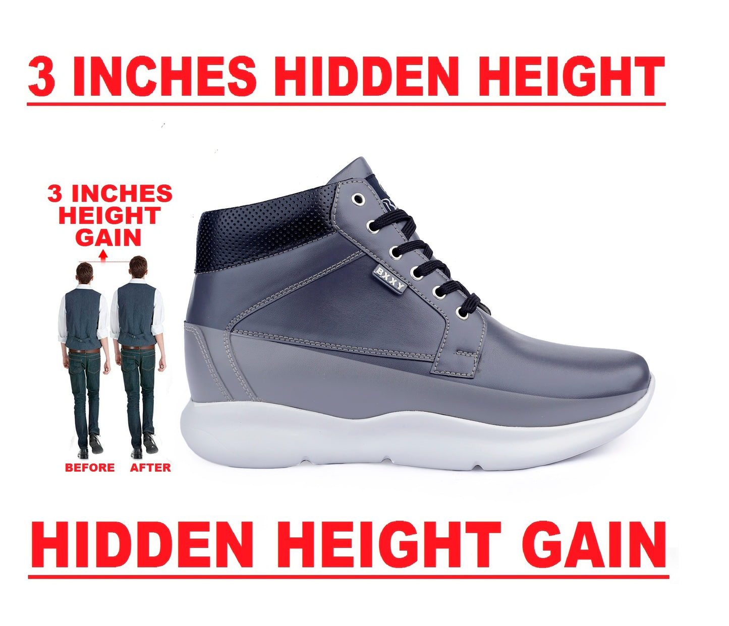 Bxxy's Men 3 Inch Hidden Height Increasing/Elevator Casual Lace-up Outdoor Sneaker Boot