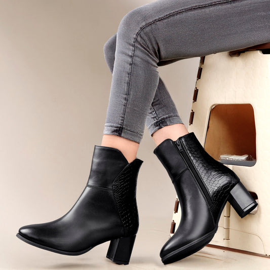 Classic Vegan Crocodile Textured Chic Fashioned Zipper Ankle Boots for Women