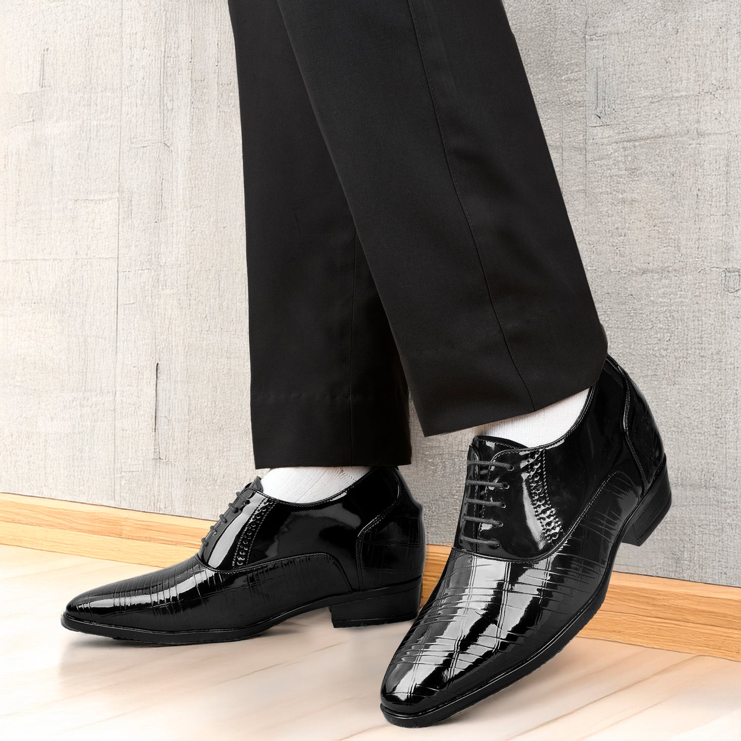 3.5” Elevator Shoes for Men – Glossy Black, Hidden Heel for Height Boost
