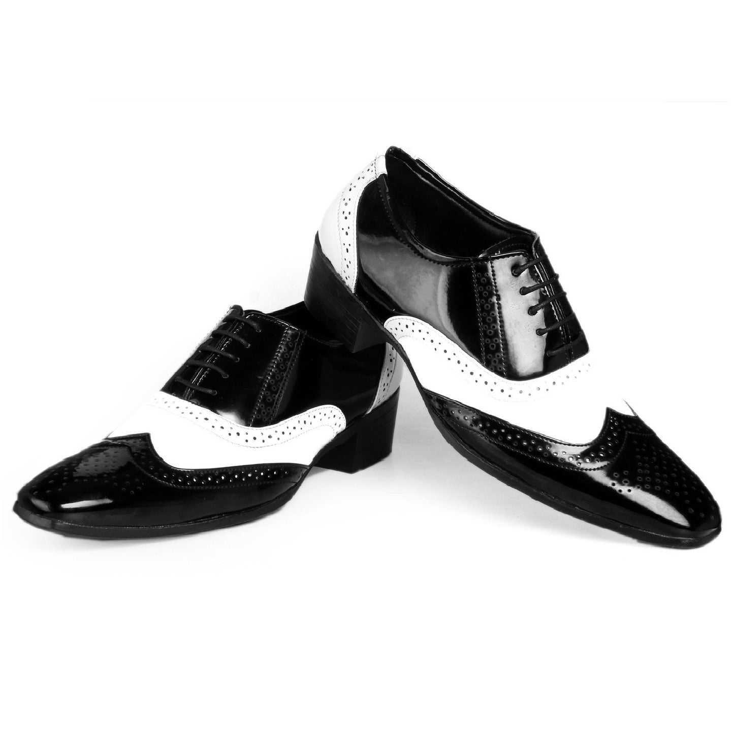 Men/s Height Increasing Faux Upper Black N White Mafia Oxford Brogue Lace-Up Shoes