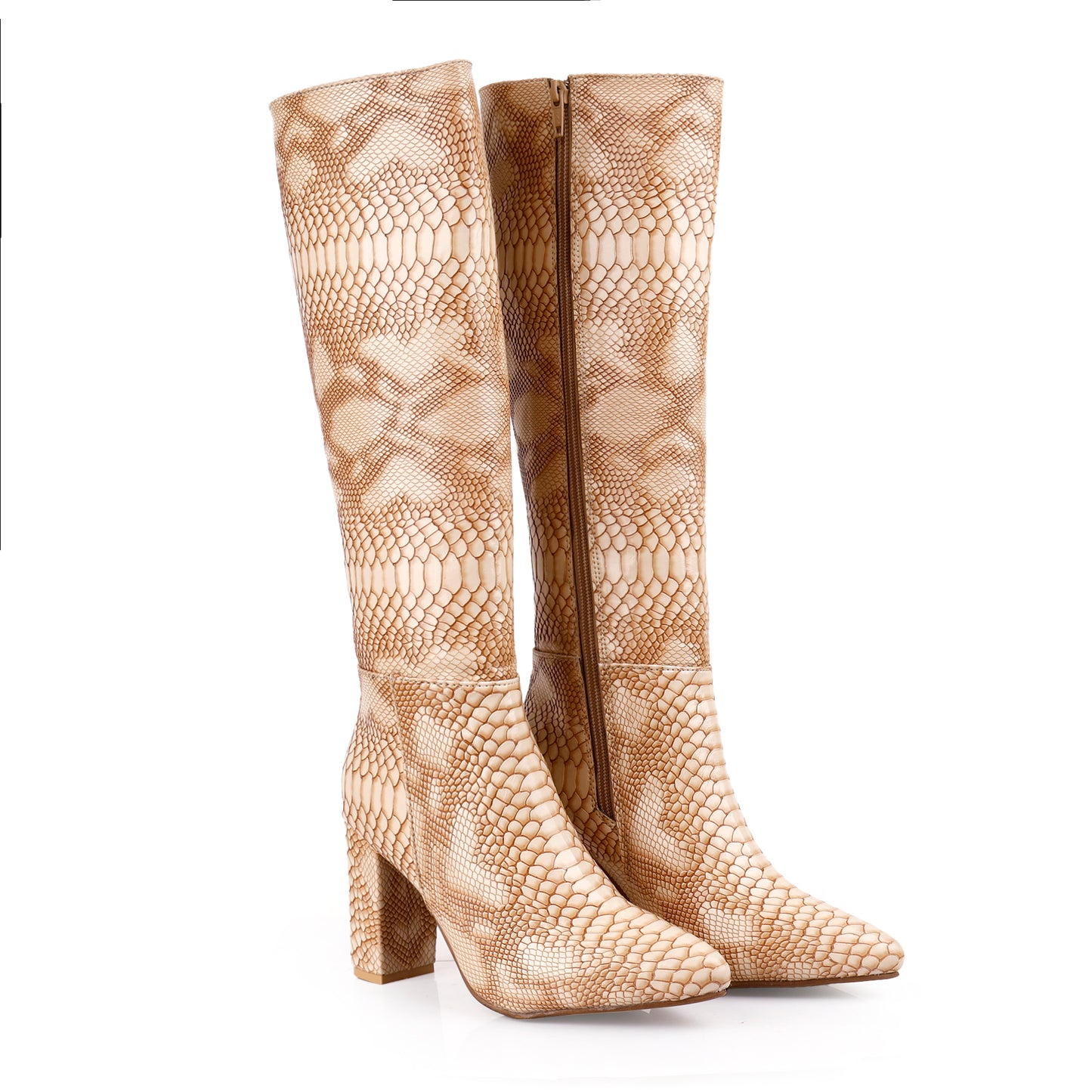 Women's Luxe Faux Snake Knee-High Boots – Black Gloss Finish