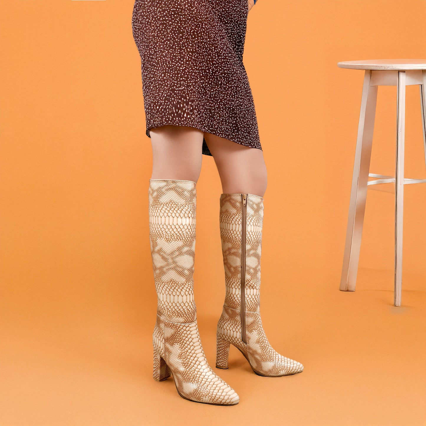 Women's Luxe Faux Snake Knee-High Boots – Black Gloss Finish