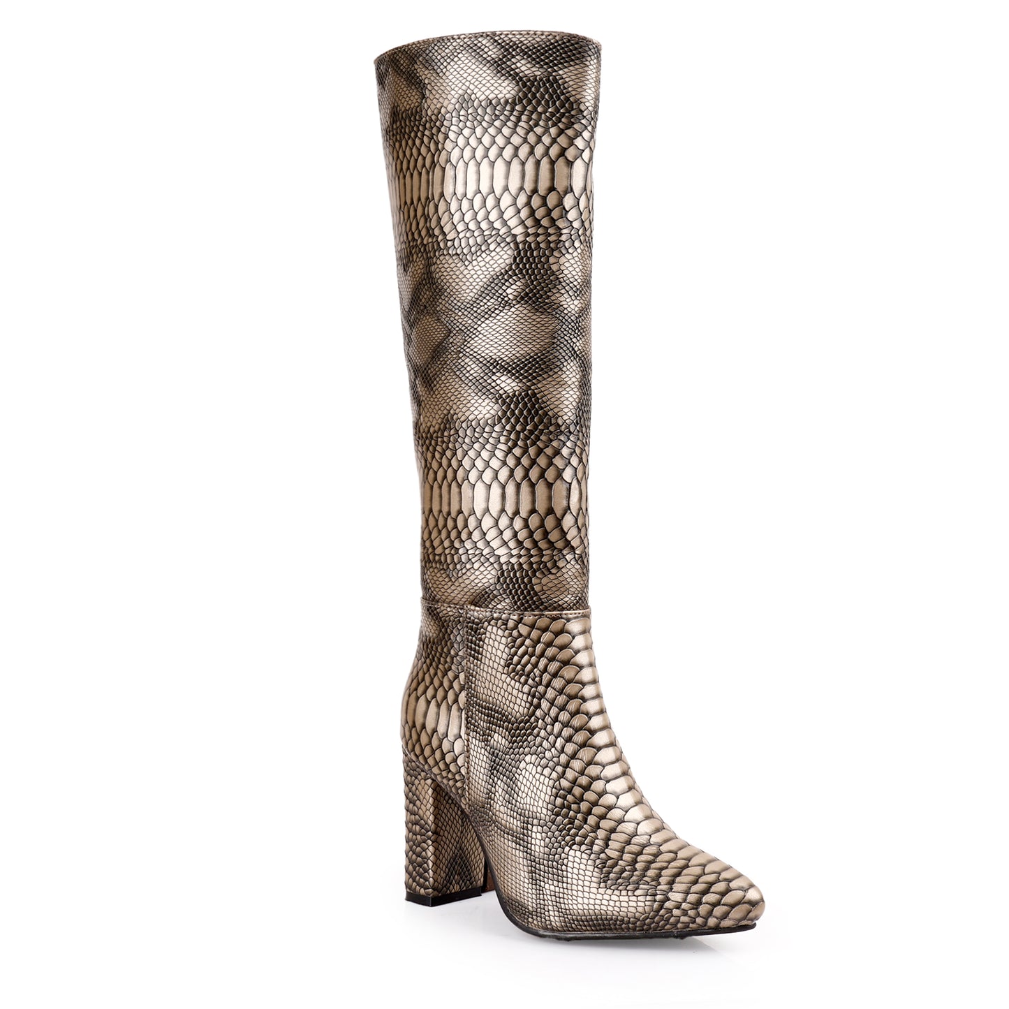 Women's Luxe Faux Snake Knee-High Boots – Black Gloss Finish