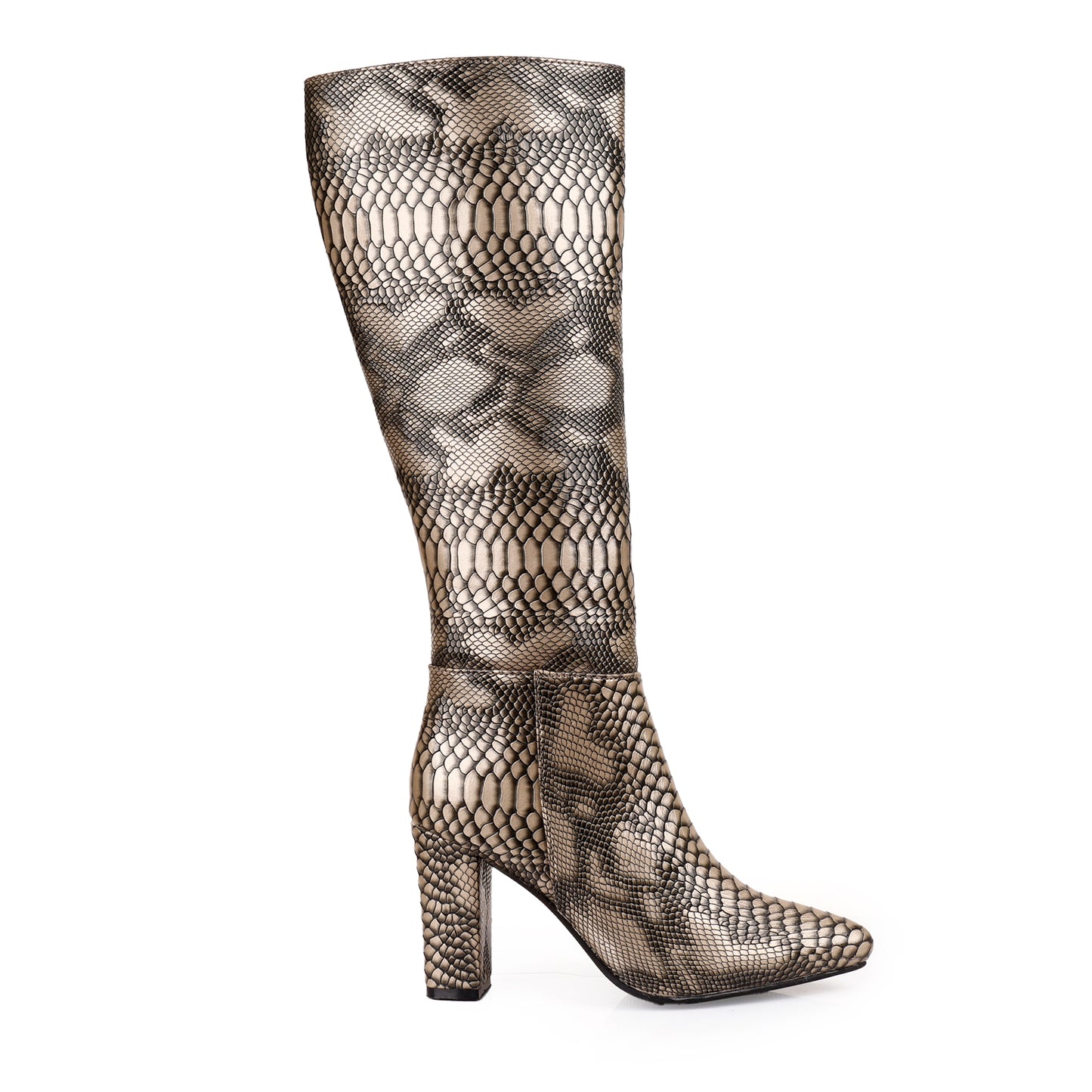 Women's Luxe Faux Snake Knee-High Boots – Black Gloss Finish