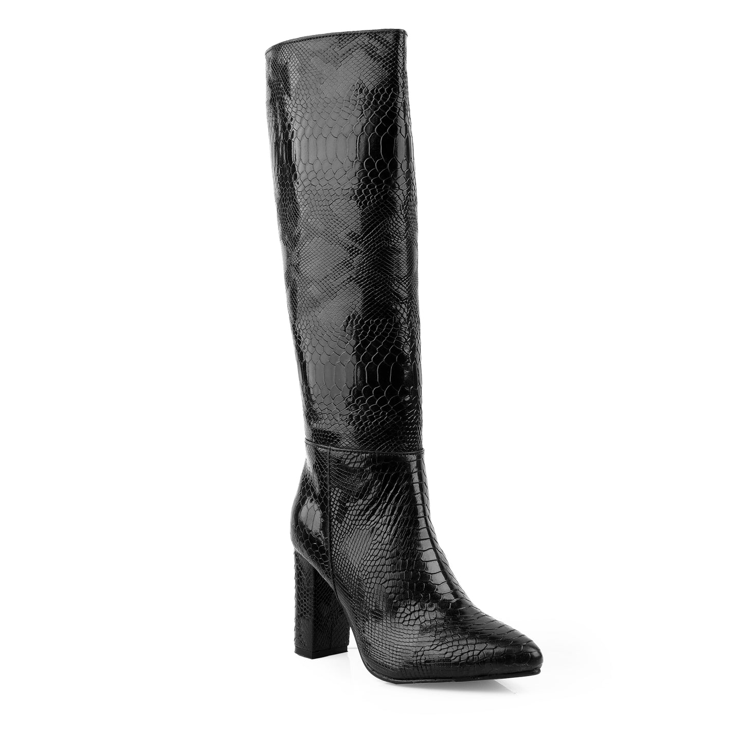 Women's Luxe Faux Snake Knee-High Boots – Black Gloss Finish