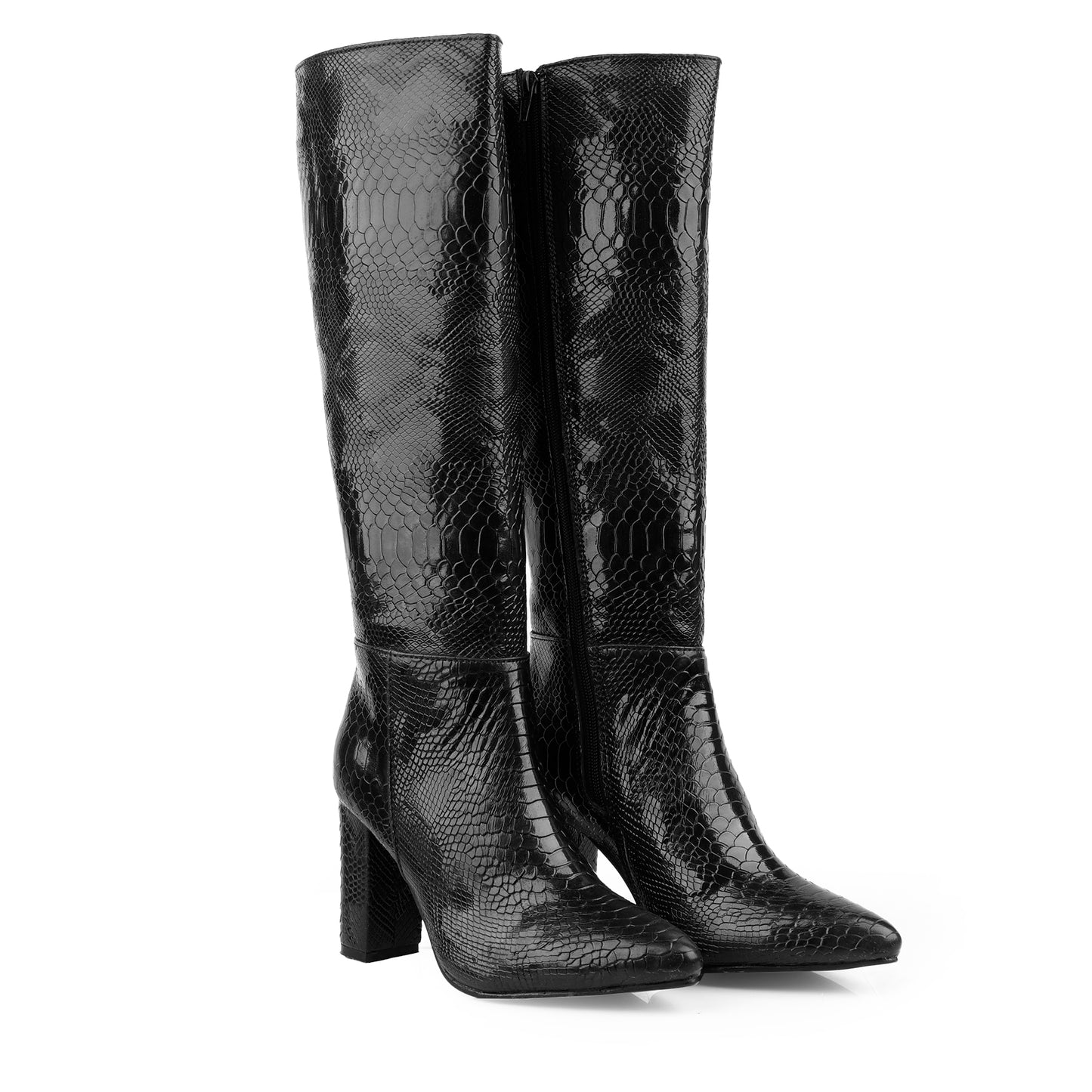 Women's Luxe Faux Snake Knee-High Boots – Black Gloss Finish
