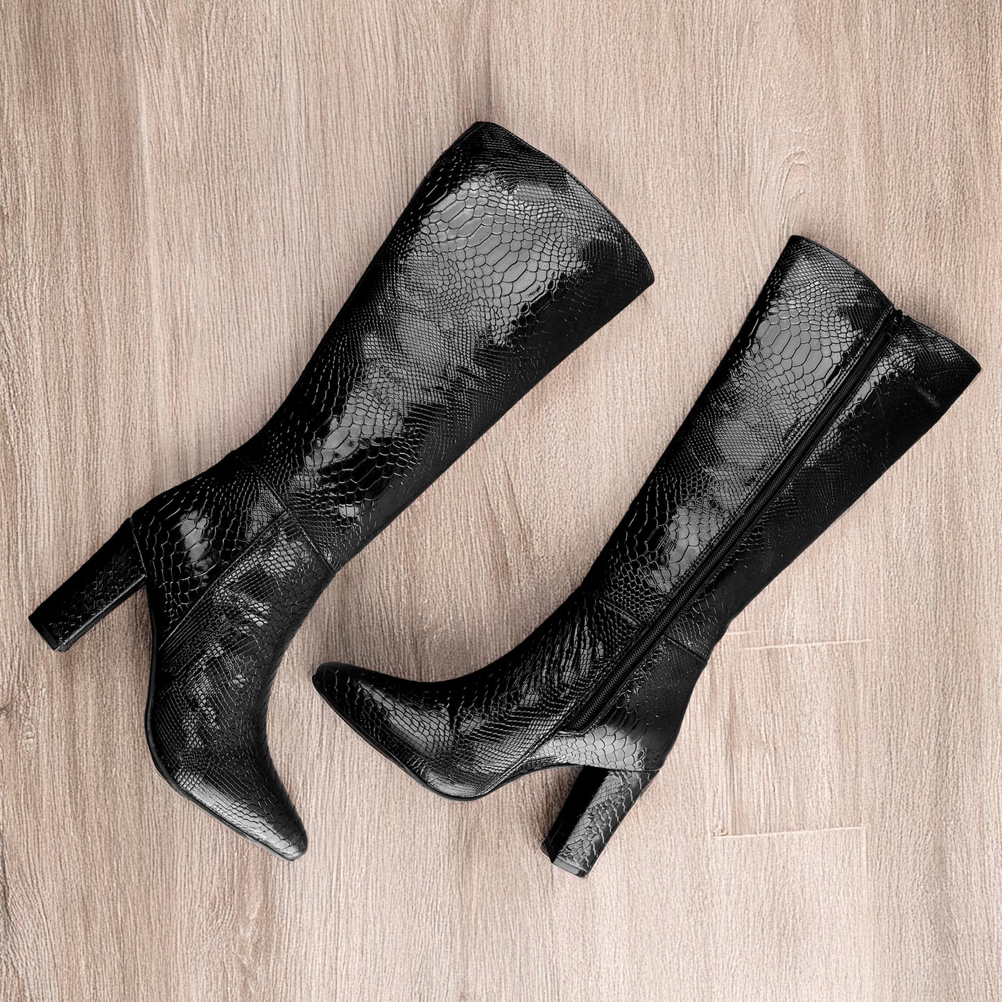 Women's Luxe Faux Snake Knee-High Boots – Black Gloss Finish