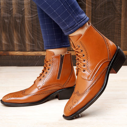 Bxxy's Men's Height Increasing Semi-Formal Cow Boy Ankle Zipper Lace-Up Brogue Boots