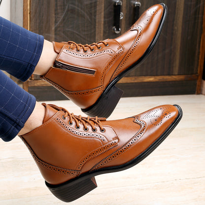 Bxxy's Men's Height Increasing Semi-Formal Cow Boy Ankle Zipper Lace-Up Brogue Boots