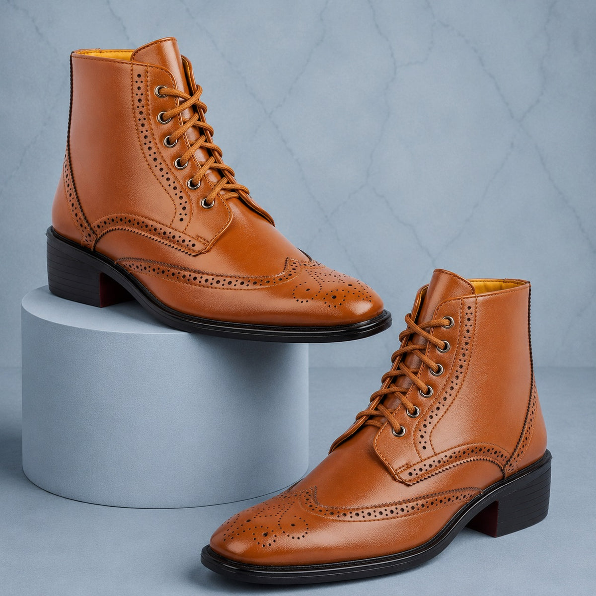 Bxxy's Men's Height Increasing Semi-Formal Cow Boy Ankle Zipper Lace-Up Brogue Boots