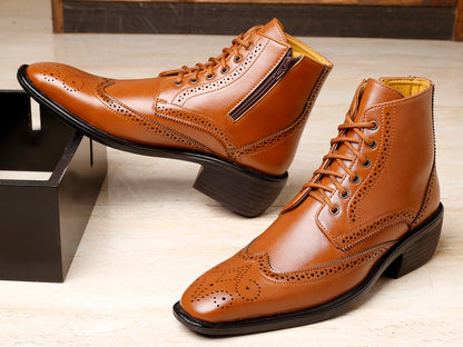 Bxxy's Men's Height Increasing Semi-Formal Cow Boy Ankle Zipper Lace-Up Brogue Boots